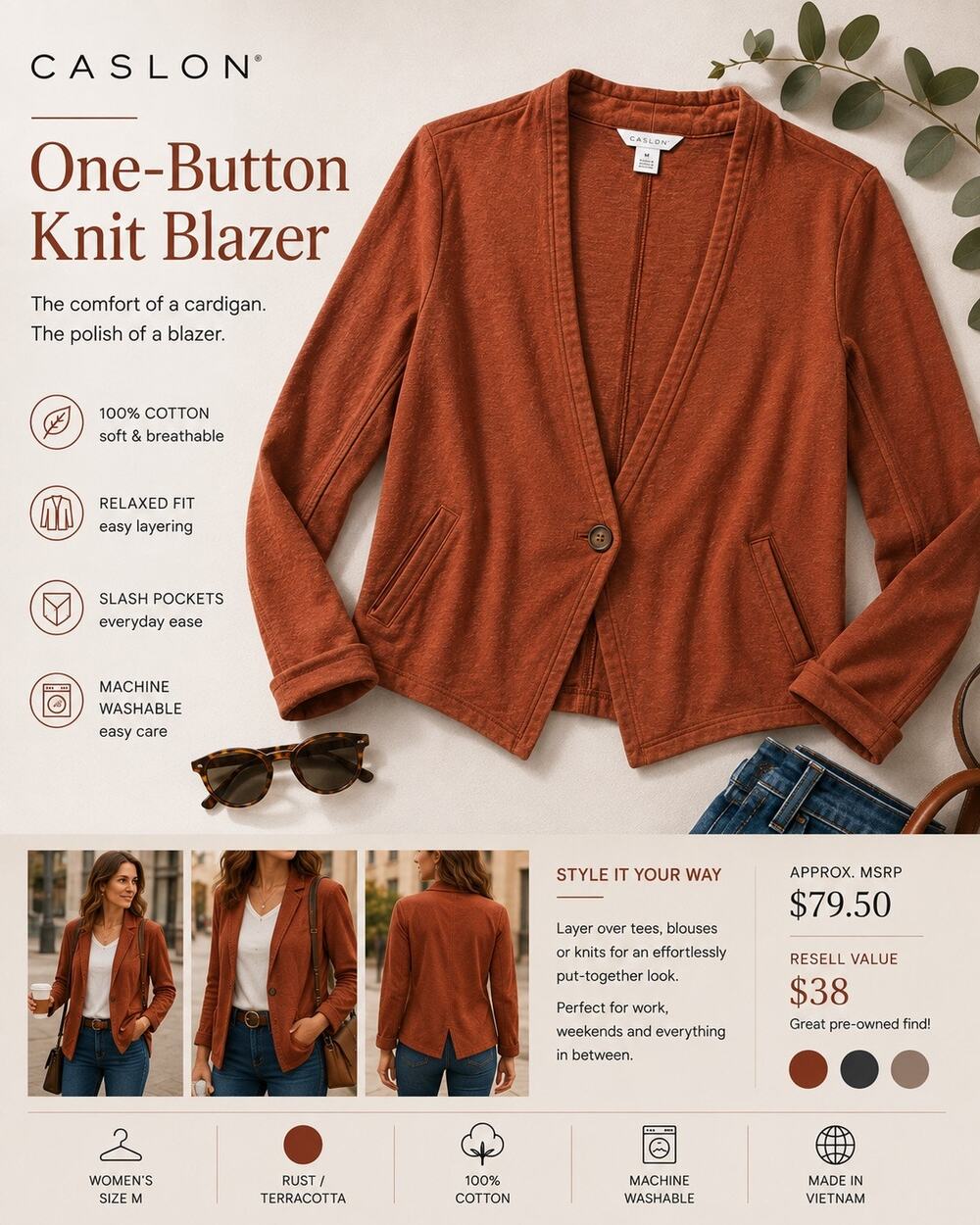 Caslon Women’s M Rust Terracotta Knit Blazer Cotton One Button Casual Jacket